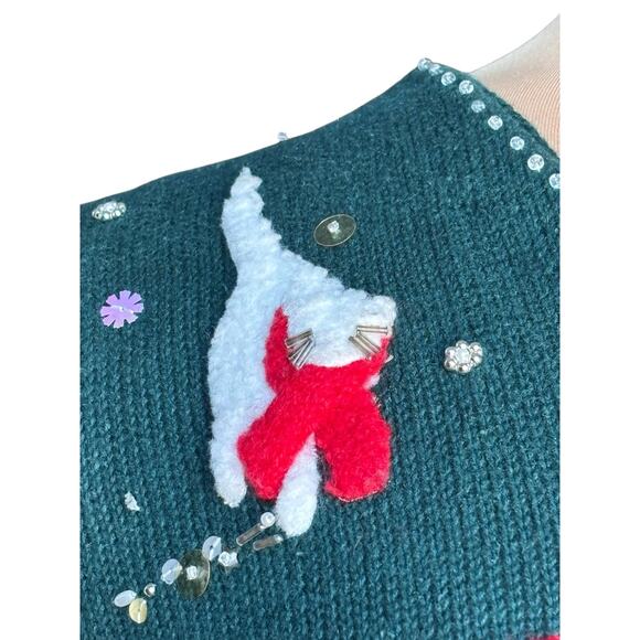Susan Bristol Hand Embroidered Green Dog Holiday Knit Sweater Vest Large Festive - Picture 3 of 15